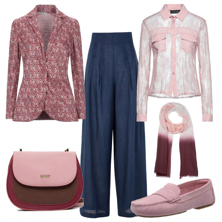 Outfit donna - Da mattina a sera. Stile 70s per Tutti i giorni. Abbinamento con blazer, pantaloni a palazzo, camicie, sciarpe, borse a mano, mocassini.