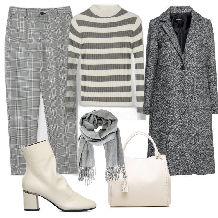 Outfit donna - Pausa pranzo white and grey. Stile Basic per Tutti i giorni. Abbinamento con cappotti, maglieria, pantaloni, borse a spalla, stivaletti, sciarpe.