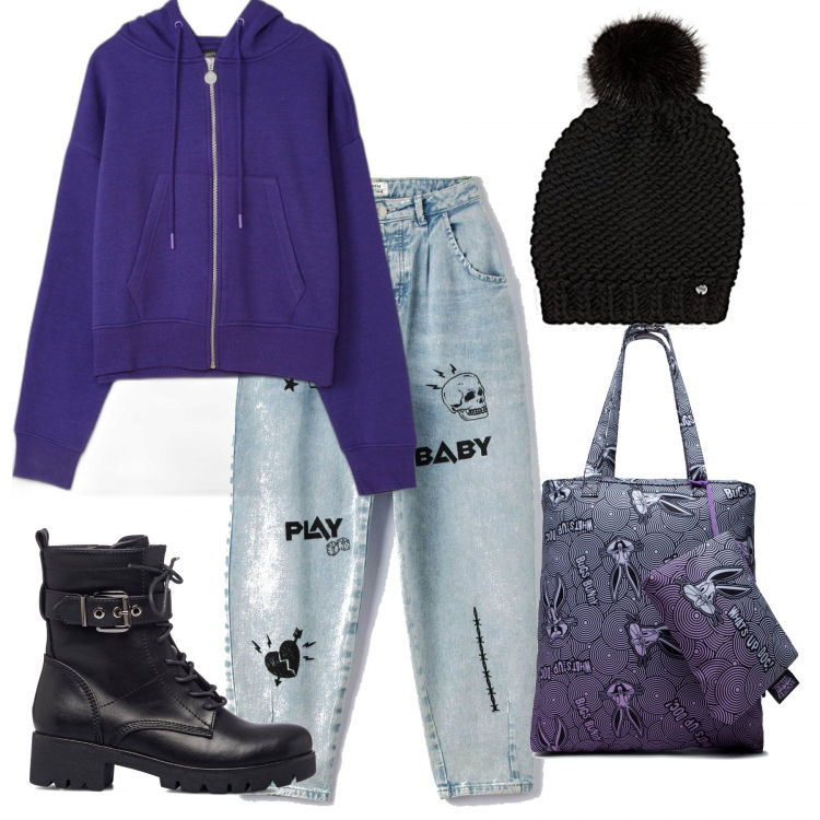 Outfit donna - Per la scuola. Stile Basic per Scuola/Università. Abbinamento con jeans mom, felpe con cappuccio, anfibi, borse a mano, cappelli.
