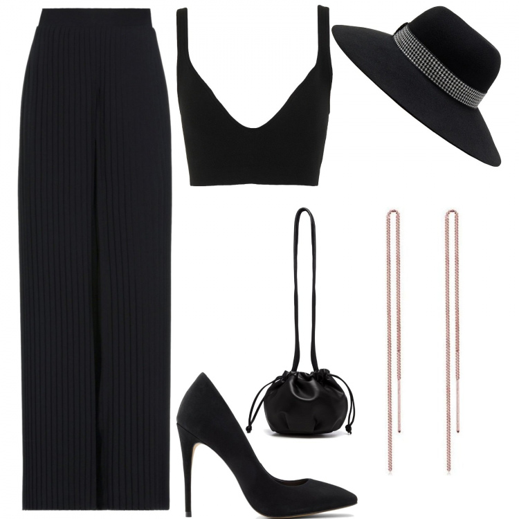 Outfit donna - In centro glamour. Stile Glamour per Tutti i giorni. Abbinamento con pantaloni, top, cappelli, décolleté, borse a secchiello, orecchini.