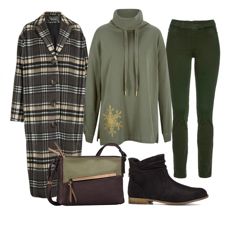 Outfit donna - Cappotto Caldo A Quadri. Stile Casual chic per Tutti i giorni. Abbinamento con stivaletti, pantaloni, felpe, cappotti, borse a tracolla.