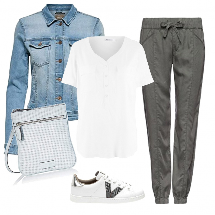 Outfit mujer - Jueves. Estilo Casual para Todos los días. Combinación con pantalones, blazers, bolsos de mano, blusas, sneakers.