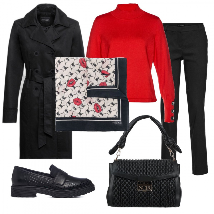 Outfit donna - Il foulard pinko. Stile Bon Ton per Ufficio. Abbinamento con pantaloni, maglieria, trench, borse a mano, sciarpe, mocassini.