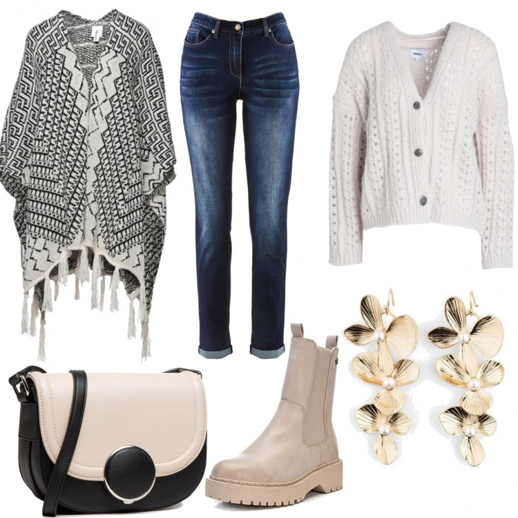 Outfit donna - Piccolo budget e super-trendy. Stile Basic per Tutti i giorni. Abbinamento con jeans boyfriend, orecchini, cappe, cardigans, borse a mano, stivaletti.