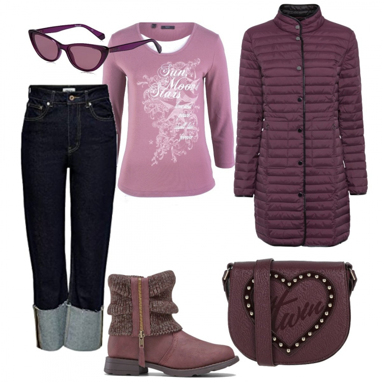 Outfit donna - Total look #1254814. Stile Casual per Tutti i giorni. Abbinamento con maglieria, giacche, stivaletti, borse a tracolla, jeans, occhiali da sole.