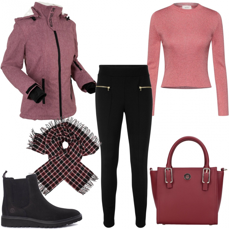 Outfit donna - Qualche passo con la mia amica. Stile Casual chic per Serata fuori. Abbinamento con blazer, leggings, borse a mano, pullovers, sciarpe, stivaletti chelsea.