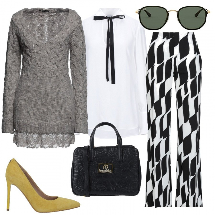 Outfit donna - Evento festivo a lavoro. Stile Chic per Tutti i giorni. Abbinamento con décolleté, pullovers, pantaloni, borse a mano, bluse, occhiali da sole.
