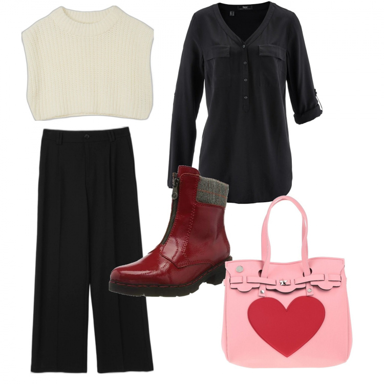 Outfit donna - La borsa con il cuore. Stile Urban per Tutti i giorni. Abbinamento con bluse, borse a mano, pantaloni a palazzo, gilet, stivali sopra il ginocchio.