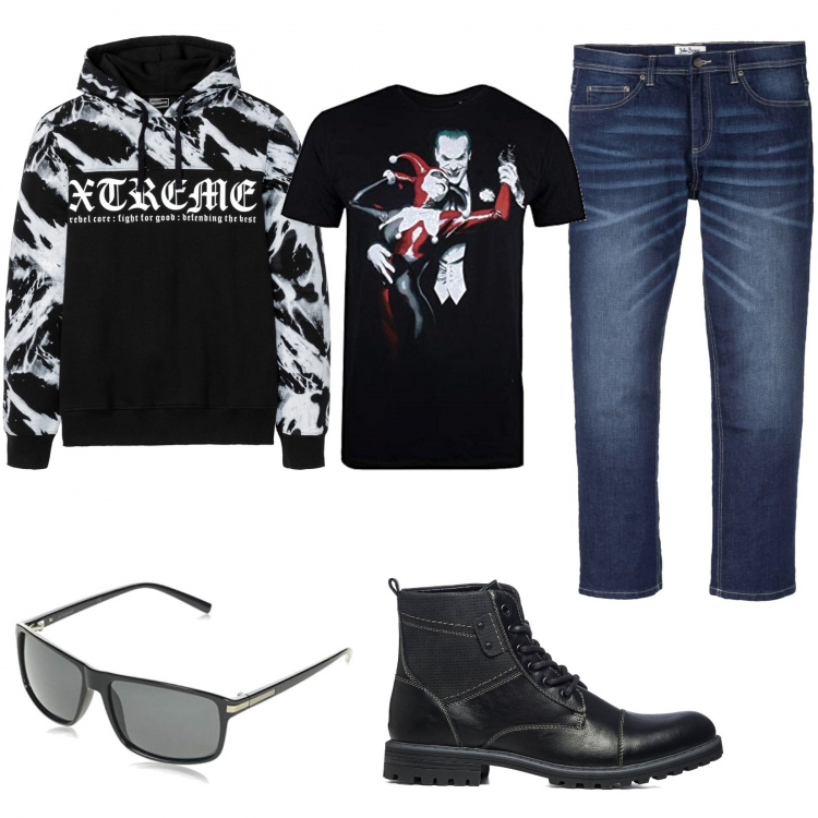 Outfit uomo - Dr comics. Stile Urban per Tutti i giorni. Abbinamento con jeans dritti, felpe con cappuccio, anfibi, t-shirt, occhiali da sole.
