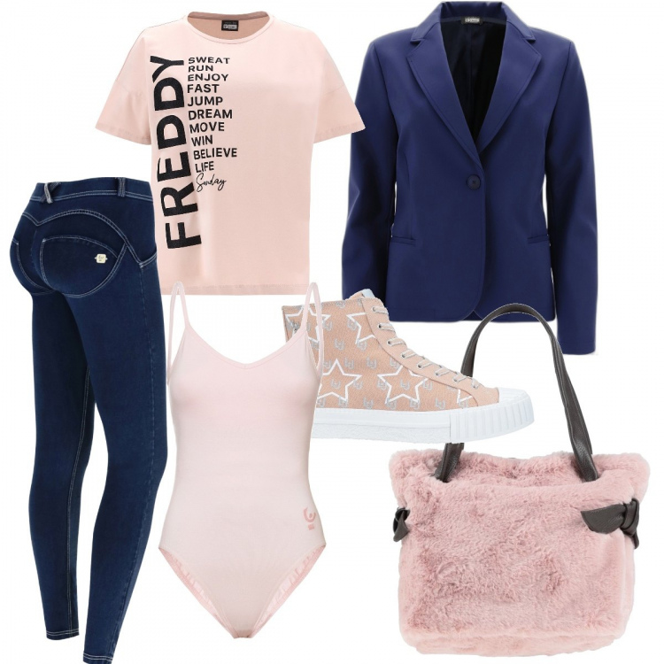 Outfit donna - Giornata sportiva. Stile Sporty chic per Tutti i giorni. Abbinamento con sneakers, borse a mano, pantaloni skinny, body, blazer, t-shirt.
