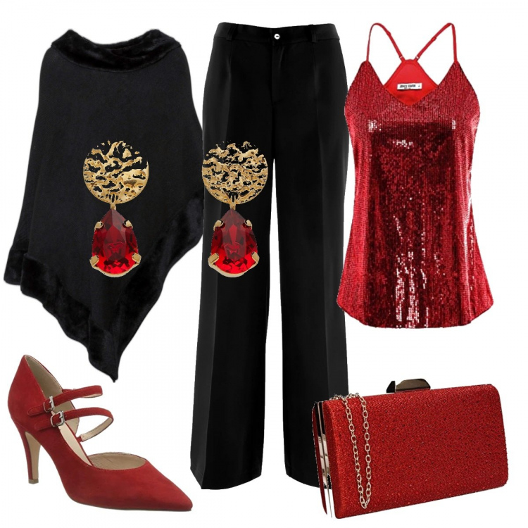Outfit donna - Rosso sensuale. Stile Chic per Serata fuori. Abbinamento con pantaloni, cappotti, orecchini, canottiere, pochette, scarpe col tacco.