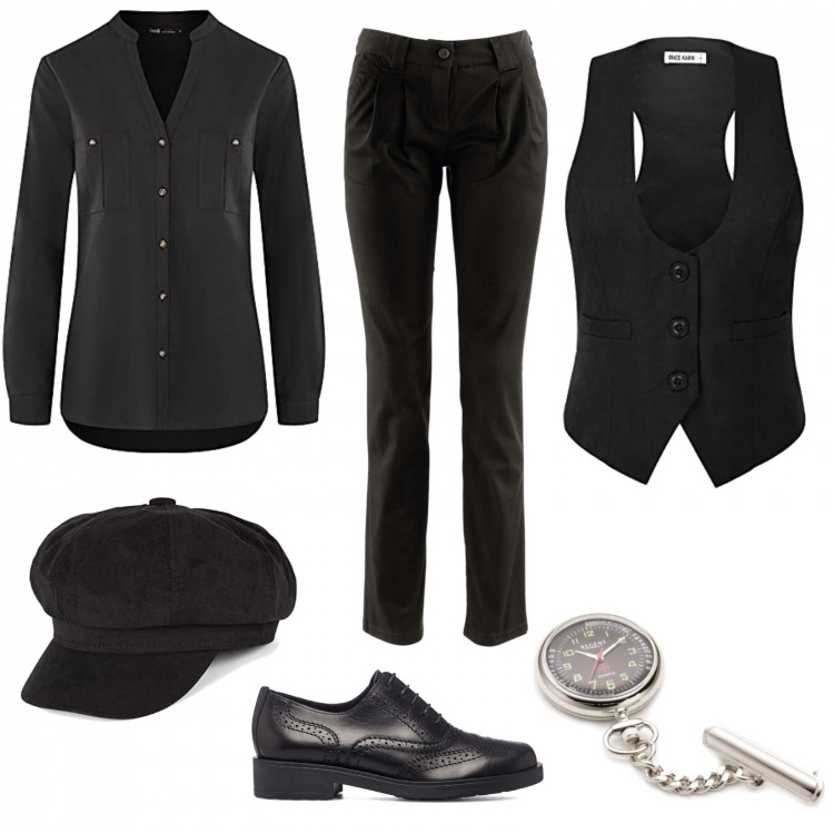 Outfit donna - Black Lord. Stile Mannish per Tutti i giorni. Abbinamento con pantaloni chino, scarpe stringate, camicie, gilet, orologi, berretti.