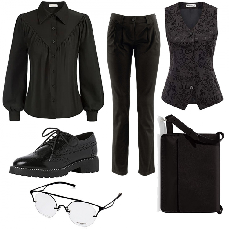 Outfit donna - Scarpe stringate. Stile Vintage retrò per Tutti i giorni. Abbinamento con pantaloni chino, gilet, camicie, scarpe stringate, clutch, occhiali da sole.