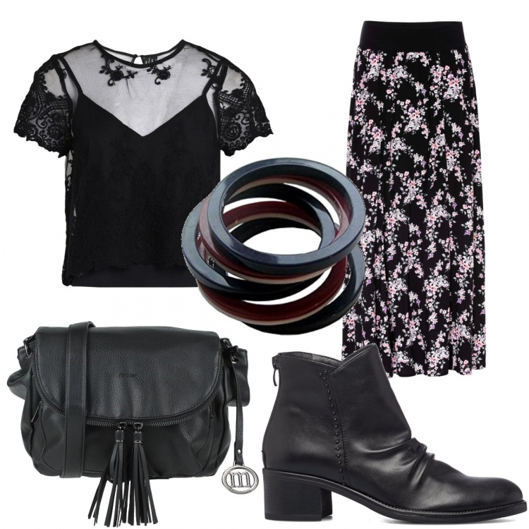 Outfit donna - Total look #1255343. Stile Etnico per Tutti i giorni. Abbinamento con gonne lunghe, bluse, borse a tracolla, stivaletti, braccialetti.