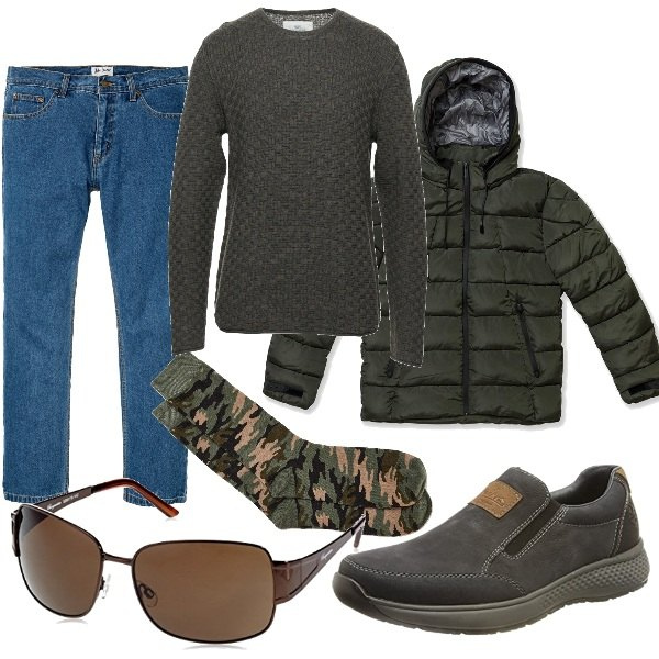 Outfit uomo - Fa freddo. Stile Casual per Tutti i giorni. Abbinamento con jeans dritti, pullovers, calzini, piumini, scarpe stringate, occhiali da sole.