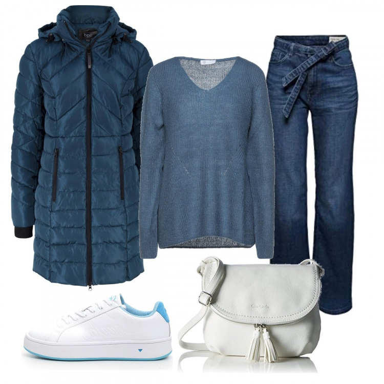 Outfit donna - Blu Ghiaccio. Stile Casual chic per Tutti i giorni. Abbinamento con cappotti, pullovers, jeans, sneakers, borse a tracolla.