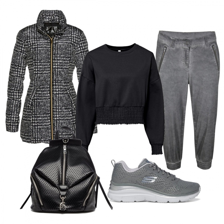 Outfit donna - Giacca Imbottita Bianca E Nera. Stile Casual chic per Scuola/Università. Abbinamento con giacche, pantaloni, felpe, sneakers, zaini.