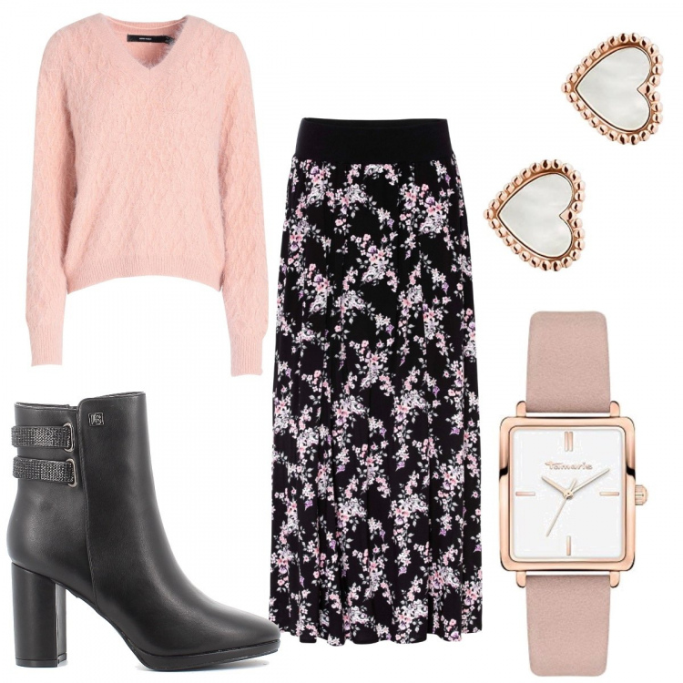 Outfit donna - Total look #1255615. Stile Basic per Tutti i giorni. Abbinamento con gonne lunghe, pullovers, stivaletti, orologi, orecchini.