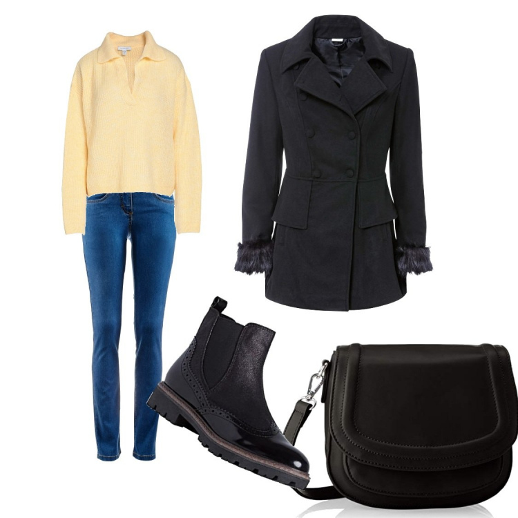Outfit donna - Casual #1943. Stile Casual per Tutti i giorni. Abbinamento con jeans dritti, cappotti, pullovers, stivaletti, borse a cartella.