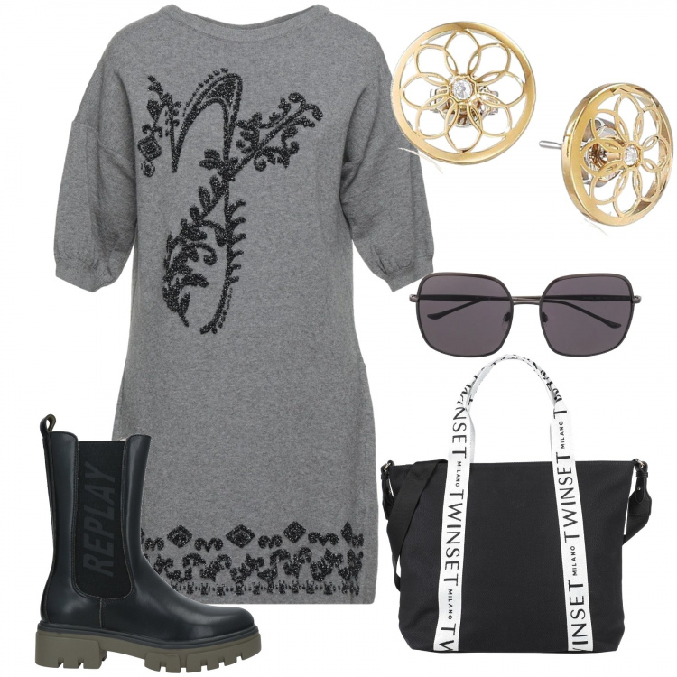 Outfit donna - Total look #1255689. Stile Urban per Tutti i giorni. Abbinamento con stivaletti, vestiti corti, borse a mano, occhiali da sole, orecchini.