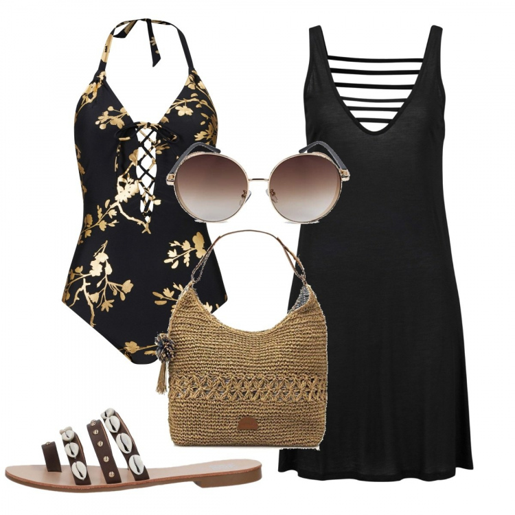 Outfit donna - Fiori Dorati. Stile Sexy per Mare. Abbinamento con vestiti da spiaggia, costumi interi, infradito, shopping bag, occhiali da sole.