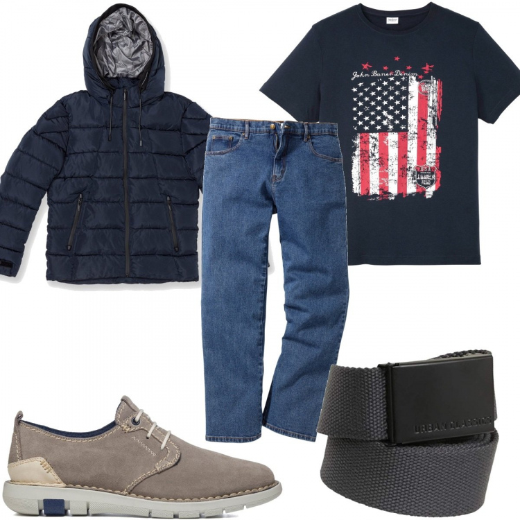 Outfit uomo - Una t-shirt trendy. Stile Trendy per Tutti i giorni. Abbinamento con jeans dritti, t-shirt, sneakers, piumini, cinture.