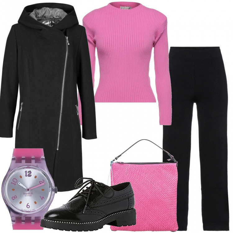 Outfit donna - Outfit versatile. Stile Casual chic per Ufficio. Abbinamento con blazer, pullovers, borse a mano, pantaloni, scarpe stringate, orologi.