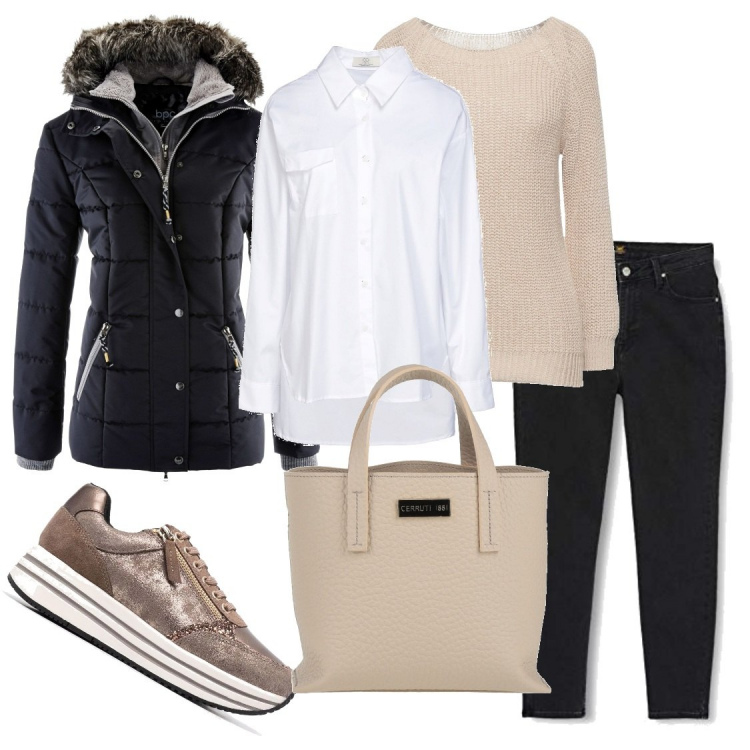 Outfit donna - Piumino snekers e borsa semplice. Stile Casual per Tutti i giorni. Abbinamento con piumini, borse a mano, pullovers, camicie, sneakers, jeans skinny.
