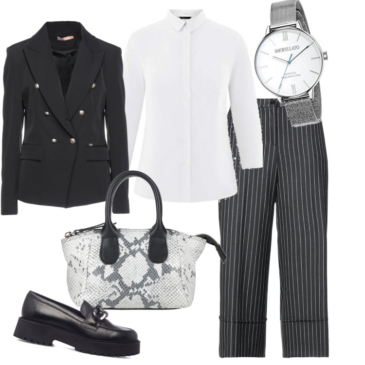 Outfit donna - Mocassini a lavoro. Stile Urban per Ufficio. Abbinamento con pantaloni, blazer, borse a mano, mocassini, camicie, orologi analogici.