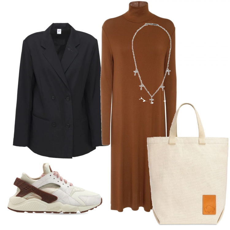 Outfit donna - Sneakers passepartout. Stile Minimal per Tutti i giorni. Abbinamento con sneakers, vestiti midi/longuette, collane, blazer, shopping bag.