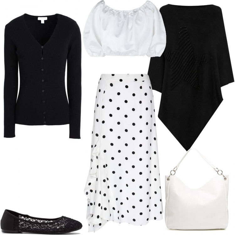 Outfit donna - La gonna a pois. Stile Bon Ton per Serata fuori. Abbinamento con ballerine, cappotti, cardigans, bluse, gonne longuette, borse a spalla.