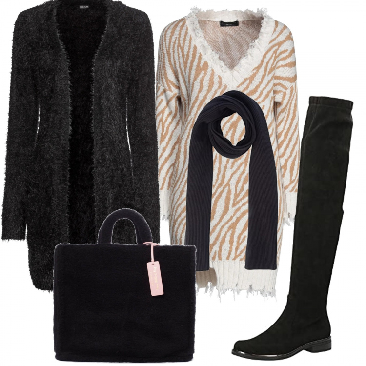 Outfit donna - La sciarpa sempre.... Stile Glamour per Ufficio. Abbinamento con cardigans, vestiti corti, shopping bag, stivali sopra il ginocchio, sciarpe.