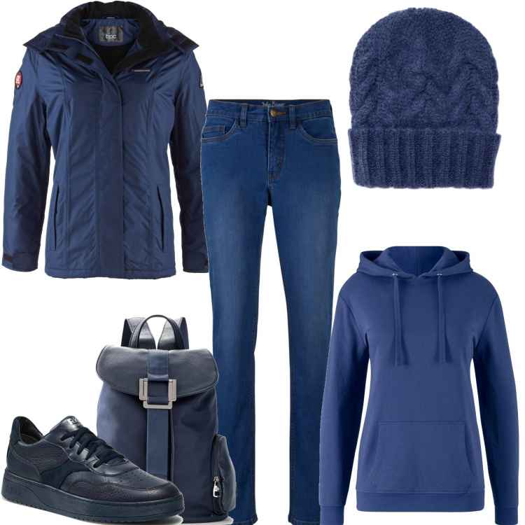Outfit donna - Tecnicamente blu. Stile Casual per Scuola/Università. Abbinamento con felpe con cappuccio, giacche, zaini, jeans skinny, cappelli, sneakers.