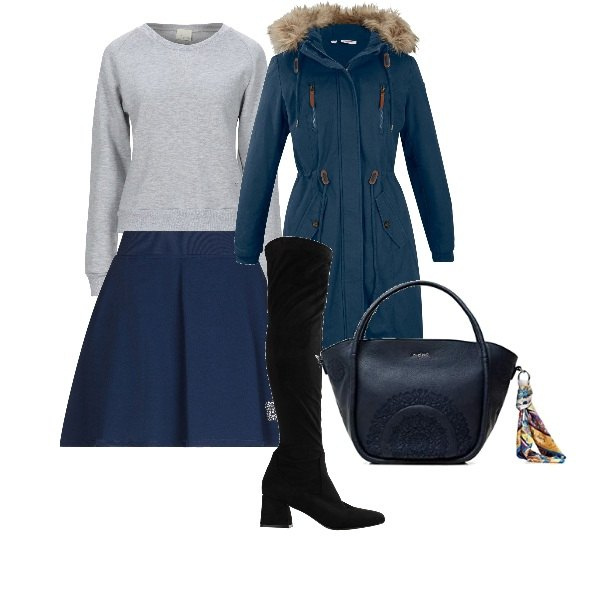 Outfit mujer - Winter Saturday. Estilo Basic para Todos los días. Combinación con bolsos de hombro, parka, minifaldas, botas, sudaderas.