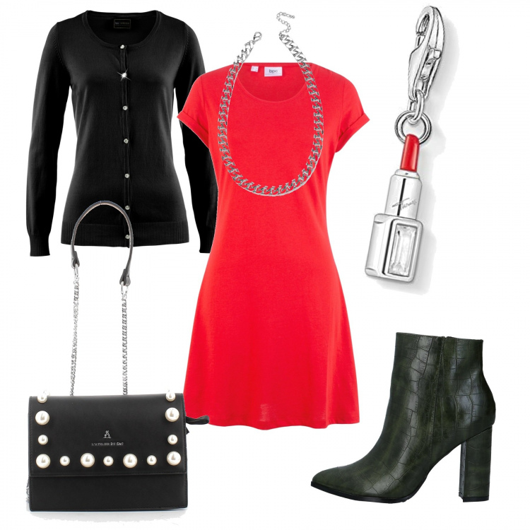 Outfit donna - Abito rosso. Stile Bon Ton per Tutti i giorni. Abbinamento con vestiti, cardigans, stivaletti, collane, clutch, braccialetti.