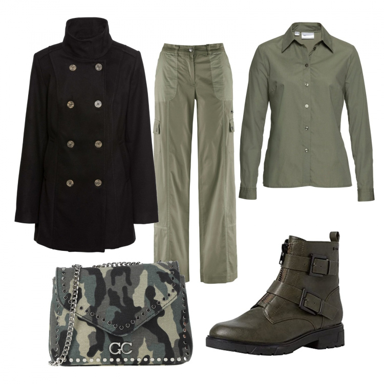 Outfit donna - Verde militare. Stile Military per Tutti i giorni. Abbinamento con pantaloni cargo, camicie, caban, borse a tracolla, stivaletti.