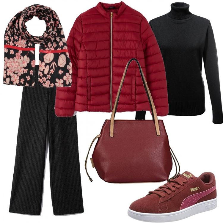 Outfit donna - Ritardataria. Stile Casual per Tutti i giorni. Abbinamento con maglieria, sciarpe, cappotti, pantaloni, sneakers, shopping bag.