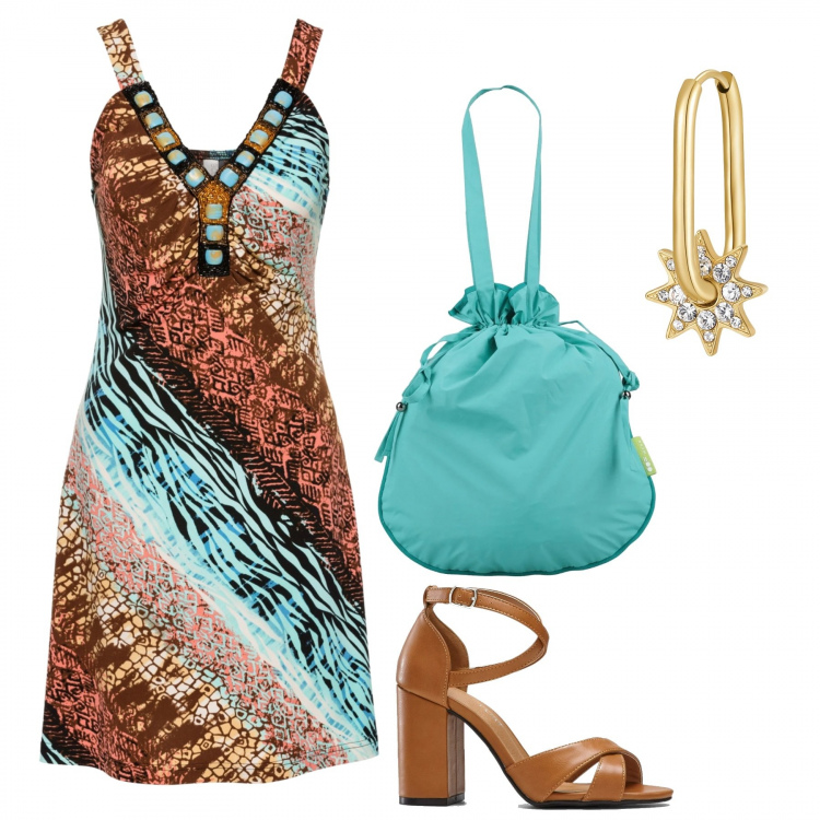 Outfit donna - Piccoli prezzi grande effetto. Stile Urban per Tutti i giorni. Abbinamento con vestiti, sandali col tacco, borse a spalla, orecchini.