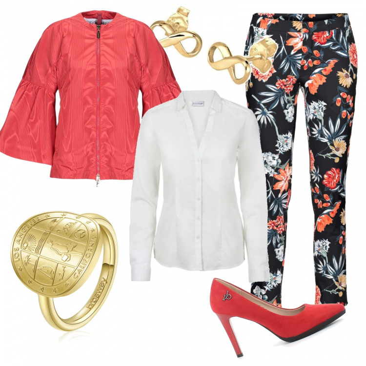 Outfit donna - Mezza stagione con stile. Stile Casual chic per Tutti i giorni. Abbinamento con camicie, pantaloni, giacche, anelli, sandali, orecchini.