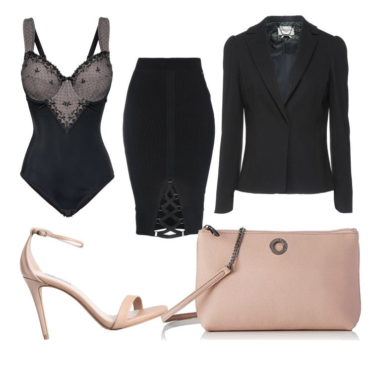 Outfit donna - Il body vedo non vedo. Stile Casual chic per Serata fuori. Abbinamento con body, gonne longuette, blazer, sandali col tacco, pochette.