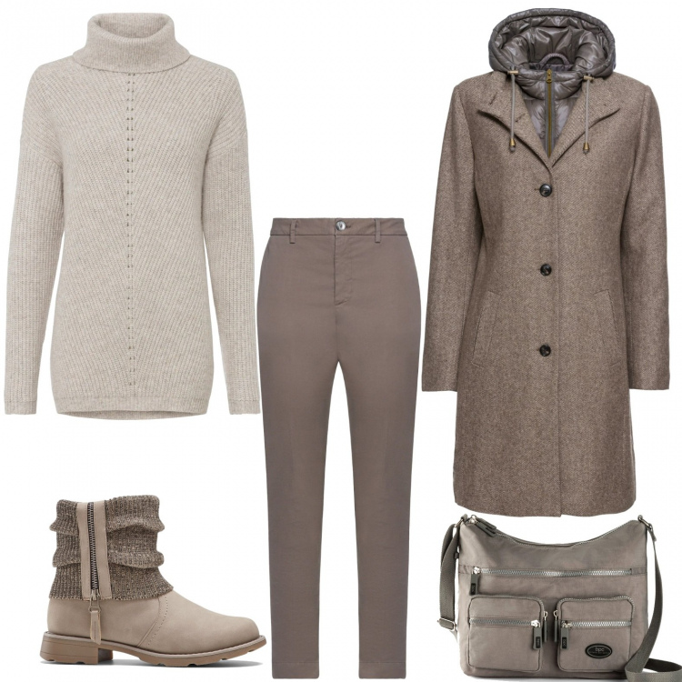 Outfit donna - Un sacco di impegni. Stile Casual per Ufficio. Abbinamento con cappotti, stivaletti, borse a tracolla, maglieria, pantaloni.