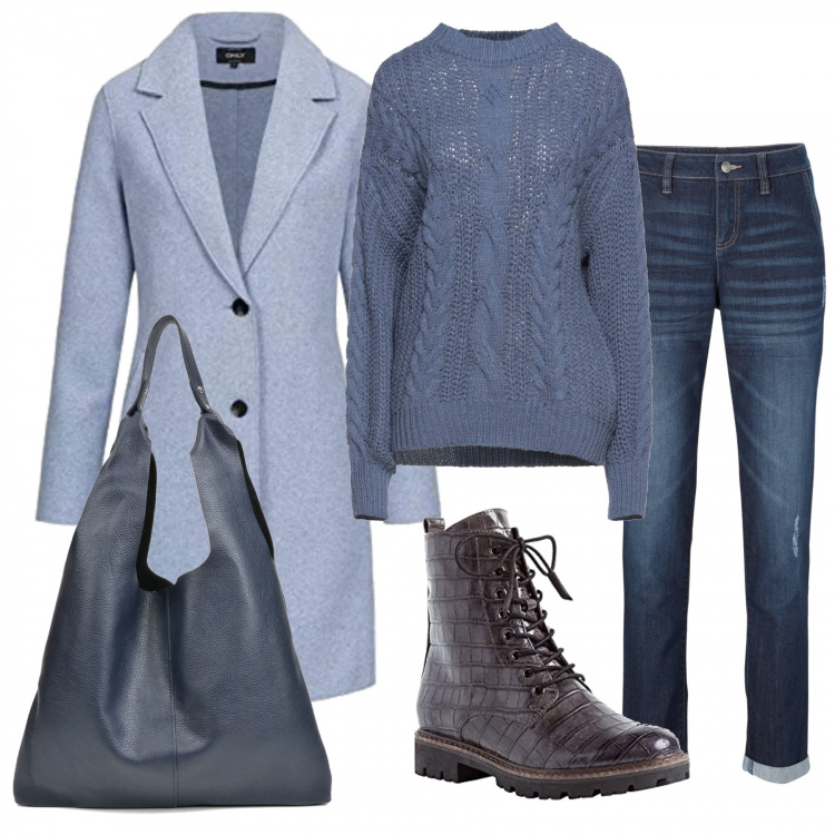 Outfit donna - Low-cost. Stile Basic per Tutti i giorni. Abbinamento con jeans boyfriend, pullovers, borse a spalla, cappotti, stivaletti.