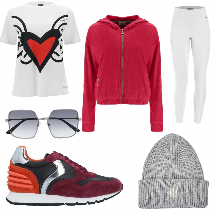 Outfit donna - Freddy day. Stile Sporty chic per Tutti i giorni. Abbinamento con sneakers, occhiali da sole, t-shirt, leggings, felpe con cappuccio, berretti.