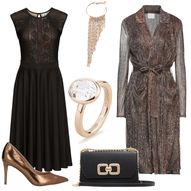 Outfit donna - La mise da cerimonia. Stile Glamour per Cerimonia. Abbinamento con vestiti, orecchini, cappotti, décolleté, anelli, borse a tracolla.