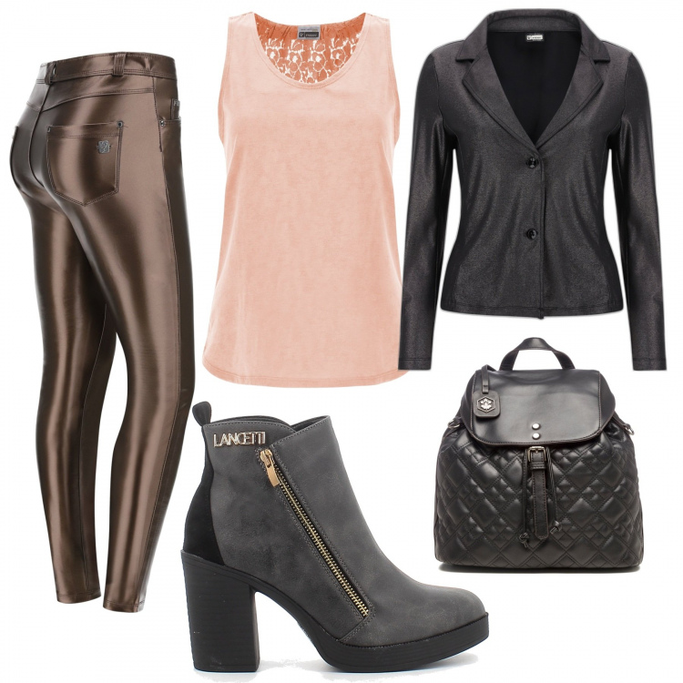 Outfit donna - Total look #1256959. Stile Urban per Tutti i giorni. Abbinamento con pantaloni skinny, giacche, canottiere, stivaletti, zaini.
