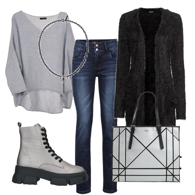 Outfit donna - Si va a fare spese?. Stile Casual per Tutti i giorni. Abbinamento con cardigans, jeans, stivaletti, borse a mano, maglieria, ciondoli.