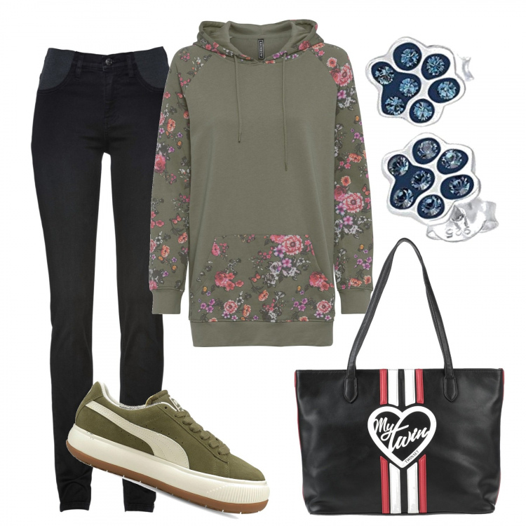 Outfit donna - Con le amiche. Stile Casual per Tutti i giorni. Abbinamento con jeans skinny, felpe con cappuccio, borse a spalla, sneakers, orecchini.