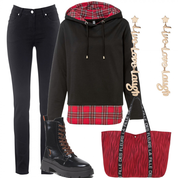 Outfit donna - Tempo libero. Stile Casual per Tutti i giorni. Abbinamento con jeans slim fit, collana, borse a mano, orecchini, stivaletti.