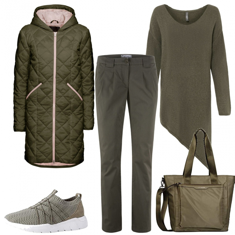 Outfit donna - C\'è vento forte!. Stile Basic per Tutti i giorni. Abbinamento con maglieria, pantaloni chino, cappotti, shopping bag, sneakers.