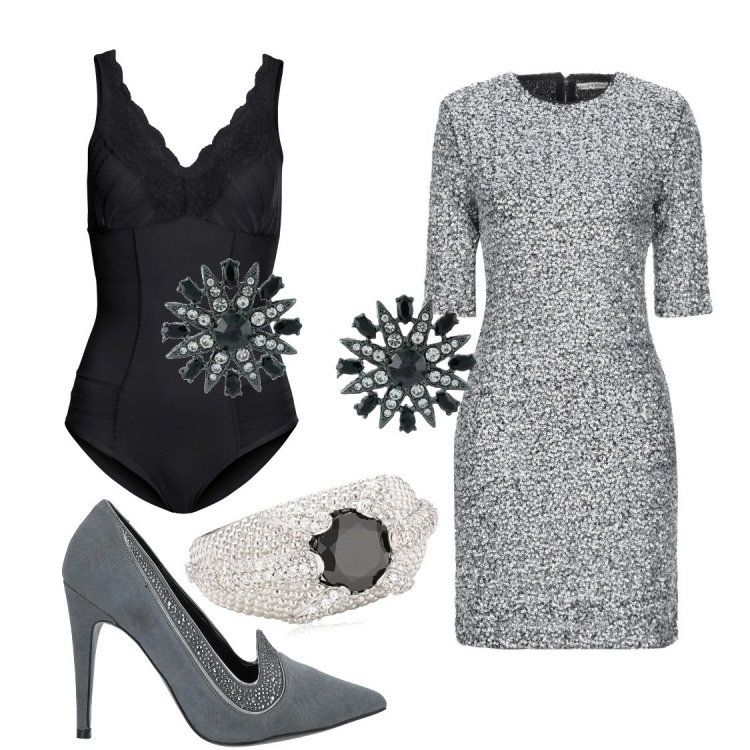 Outfit donna - Un anello per me. Stile Chic per Serata fuori. Abbinamento con body, vestiti corti, décolleté, orecchini, anelli.